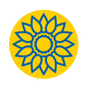 Logo jossa Ukrainaa tukeva valkoinen teksti keltaisen auringonkukka ikonin ympärillä.