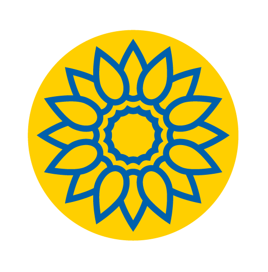Logo jossa Ukrainaa tukeva valkoinen teksti keltaisen auringonkukka ikonin ympärillä.